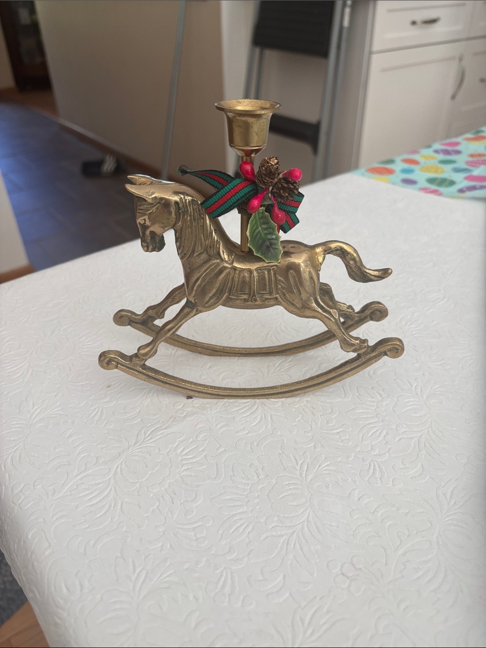 Brass Rocking Horse Candle Holder with Red & Green Holiday Accent